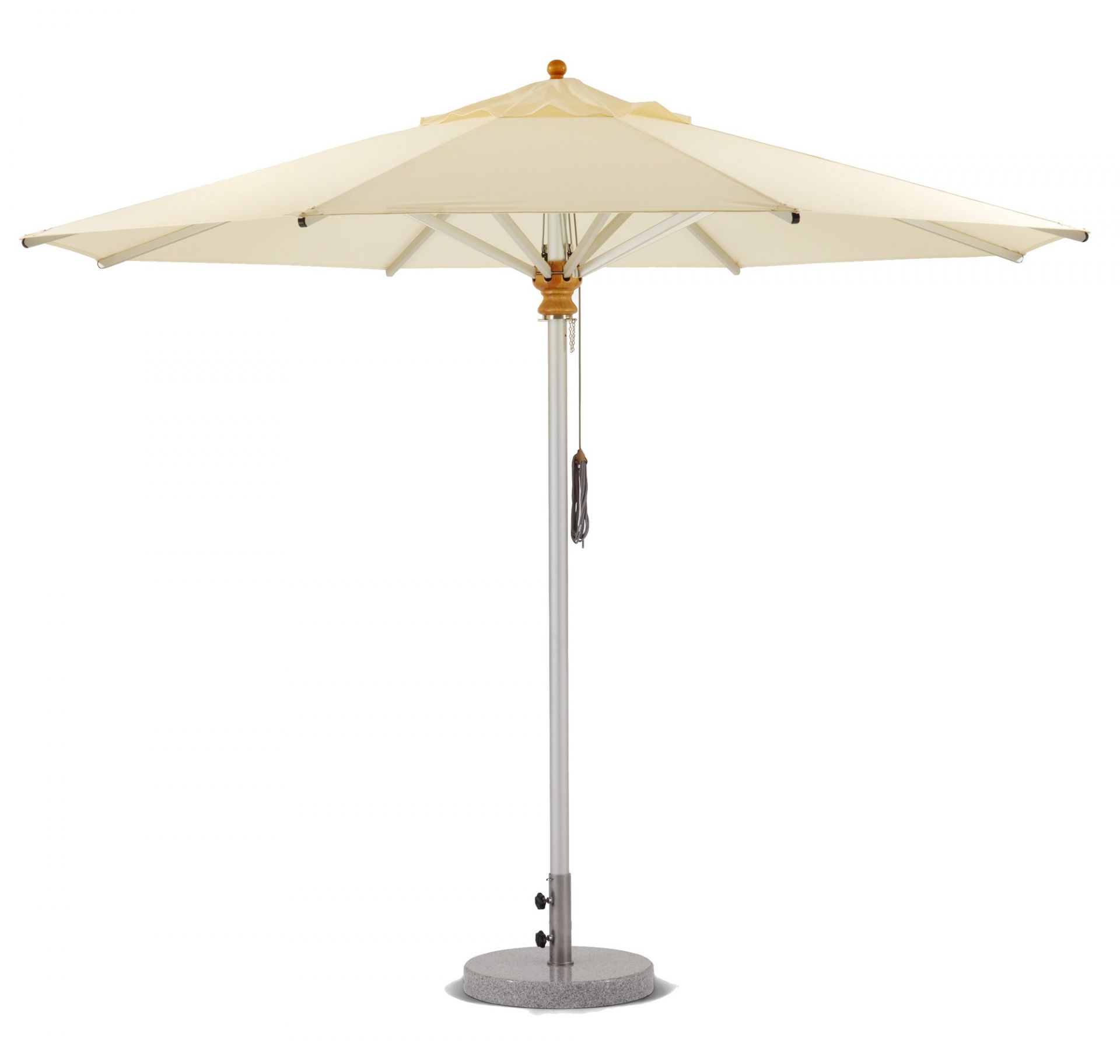 Weishäupl Sonnenschirm: Runder, elfenbeinfarbener Schirm mit Aluminiumgestell und grauem Granitfuß für Garten, Terrasse und Balkon.
